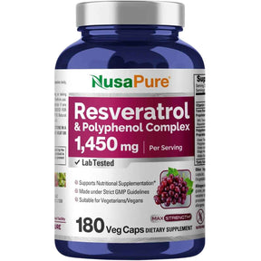 Frasco de suplemento NusaPure Complejo de Resveratrol y Polifenoles 180 cápsulas vegetales