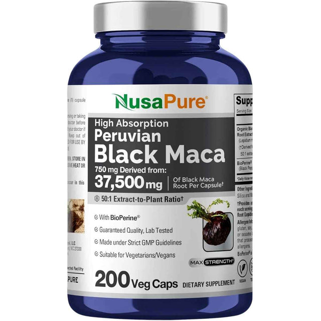 Frasco de suplemento NusaPure Extracto de Maca Negra Peruana 200 Cápsulas Vegetales