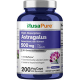 Frasco de suplemento NusaPure Extracto de Raíz de Astrágalo 500 mg 200 cápsulas vegetales