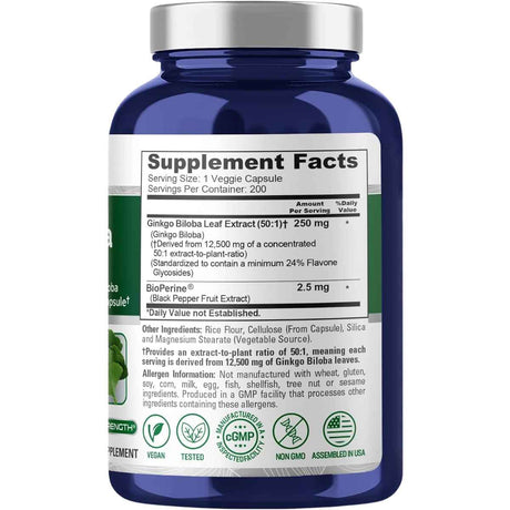 Tabla nutricional del suplemento NusaPure Ginkgo Biloba 200 cápsulas veganas