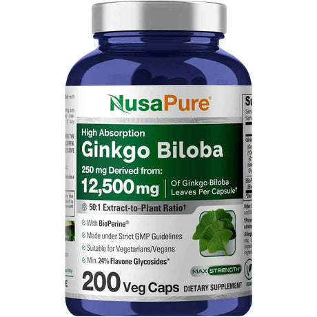 Frasco de suplemento NusaPure Ginkgo Biloba 200 cápsulas veganas