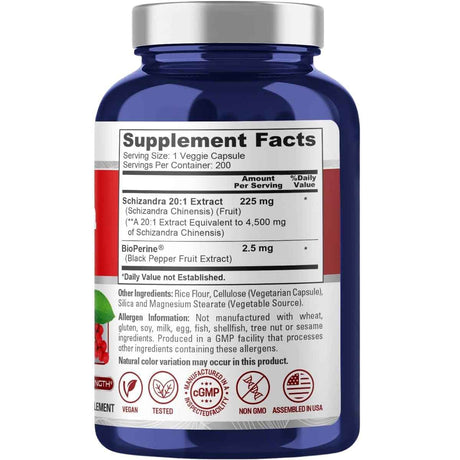 Tabla nutricional del suplemento NusaPure Schizandra Extracto 4500 mg 200 Cápsulas Veg
