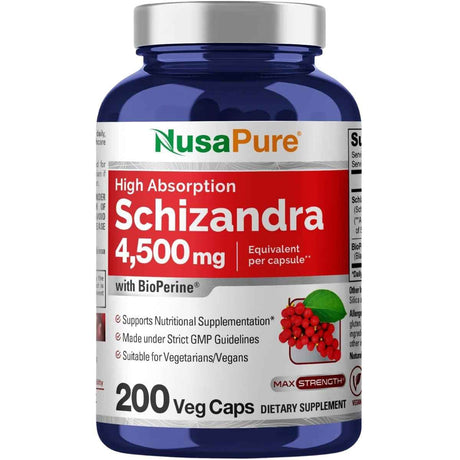 Frasco de suplemento NusaPure Schizandra Extracto 4500 mg 200 Cápsulas Veg