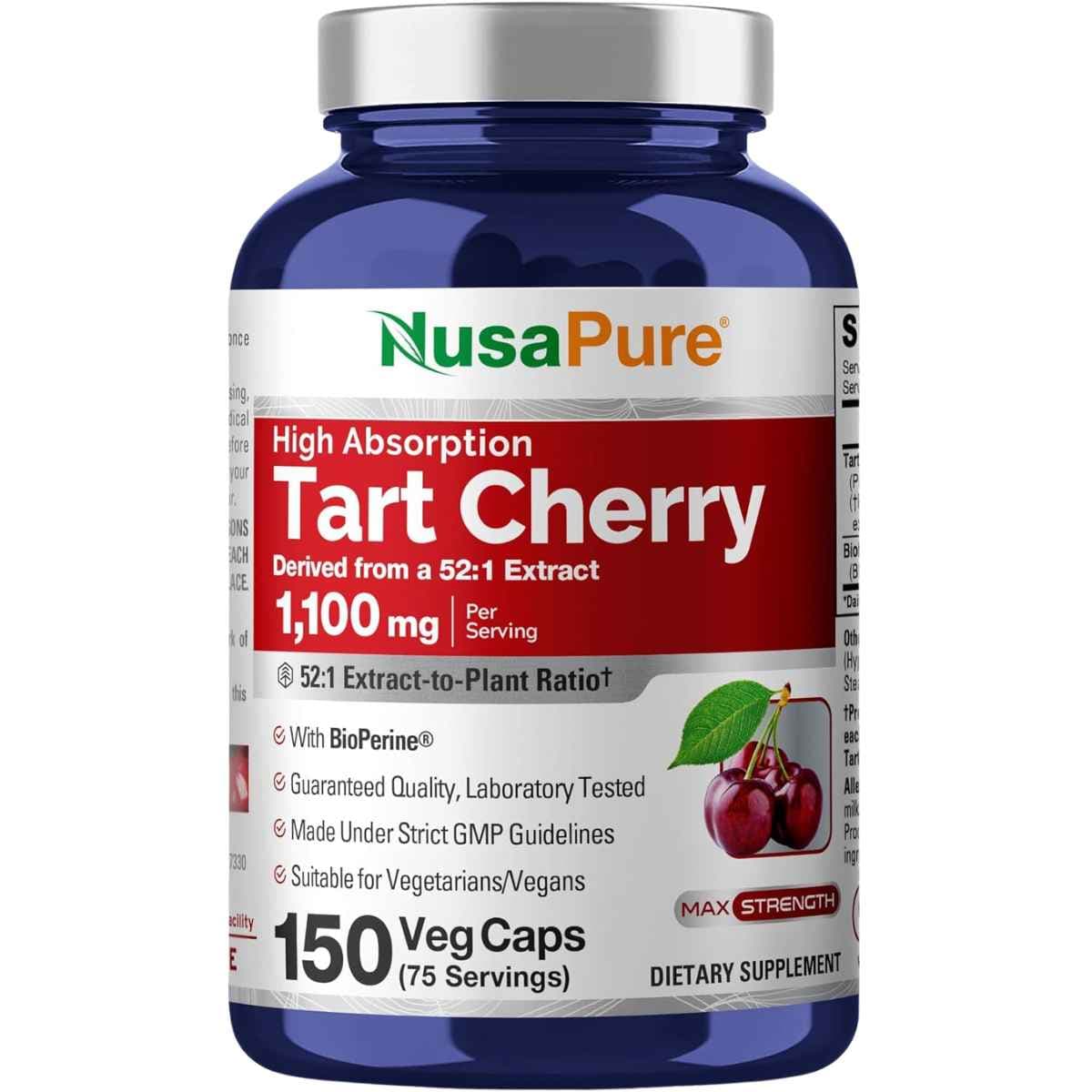 Frasco del suplemento NusaPure Tart Cherry 1100 mg en cápsulas vegetales, presentación de 150 unidades.
