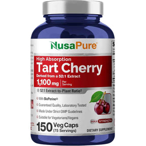 Frasco del suplemento NusaPure Tart Cherry 1100 mg en cápsulas vegetales, presentación de 150 unidades.