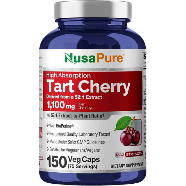 Frasco del suplemento NusaPure Tart Cherry 1100 mg en cápsulas vegetales, presentación de 150 unidades.
