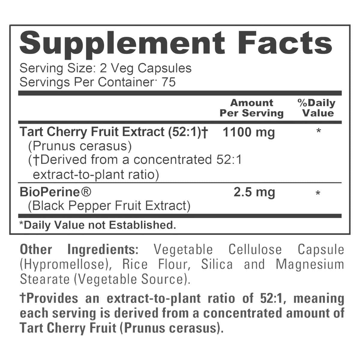 Etiqueta del suplemento NusaPure Tart Cherry con información de composición, extracto 52:1 y contenido por porción.