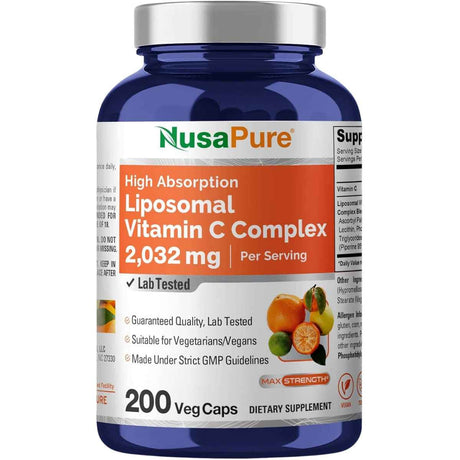 Frasco de suplemento NusaPure Vitamina C Liposomal 2032 mg 200 cápsulas veganas