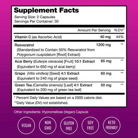 Tabla nutricional del suplemento Nutra Champs Resveratrol 1200 mg 60 Capsulas Veganas