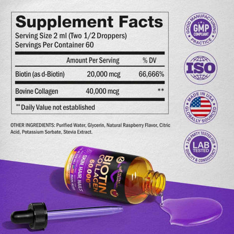 Tabla nutricional del suplemento Nutra Harmony Biotina y Colágeno 60.000 mcg 120 ml