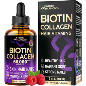 Frasco de suplemento Nutra Harmony Biotina y Colágeno 60.000 mcg 60 ml