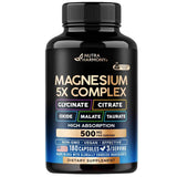 Frasco frontal de Nutra Harmony complejo de magnesio 5 en 1 de 500 mg por porción y 180 cápsulas.