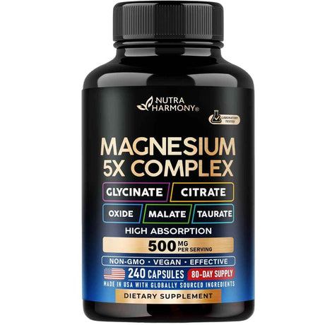 Frasco frontal de Nutra Harmony complejo de magnesio 5 en 1 de 500 mg por porción y 240 cápsulas.