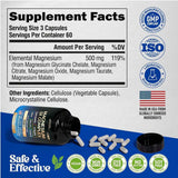 Información del suplemento de Nutra Harmony complejo de magnesio 5 en 1 con 500 mg por porción y 180 cápsulas.
