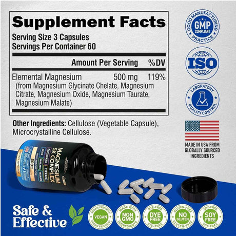 Información del suplemento de Nutra Harmony complejo de magnesio 5 en 1 con 500 mg por porción y 180 cápsulas.