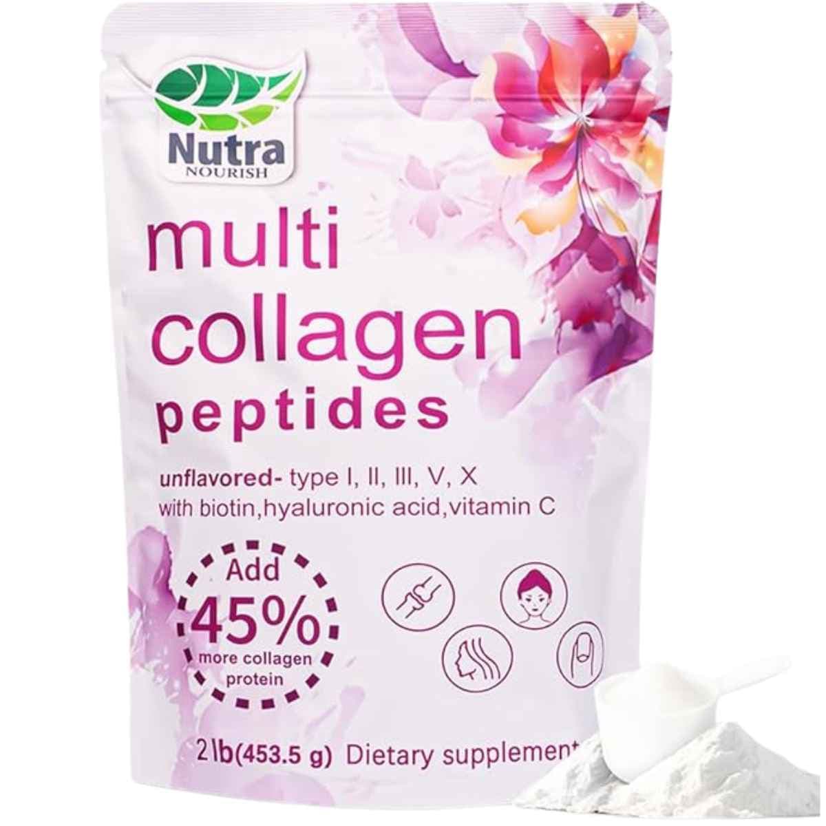 Envase de Nutra Nourish Péptidos de Colágeno en polvo presentación de 2 lb sin sabor
