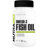 Frasco frontal de NutraBio Omega-3 Fish Oil, presentación de 150 cápsulas blandas.
