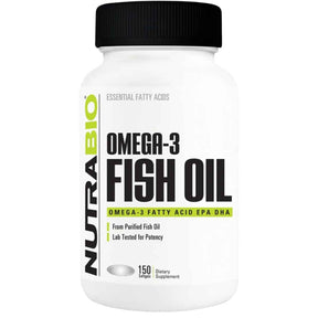 Frasco frontal de NutraBio Omega-3 Fish Oil, presentación de 150 cápsulas blandas.