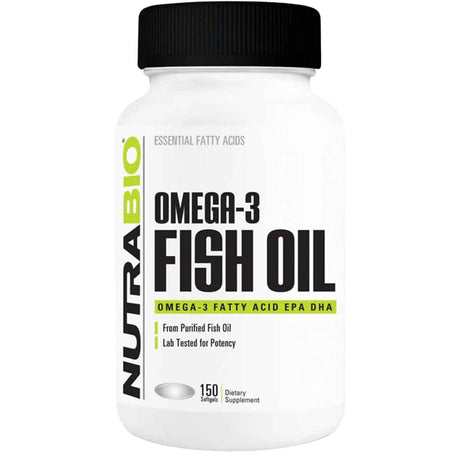 Frasco frontal de NutraBio Omega-3 Fish Oil, presentación de 150 cápsulas blandas.