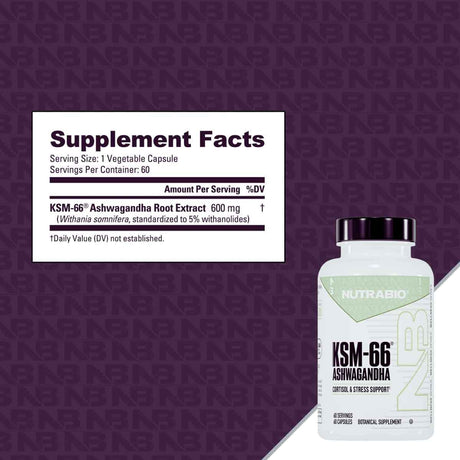 Tabla nutricional del suplemento NUTRABIO Ashwagandha KSM-66 60 cápsulas vegetales con 600 mg por porción