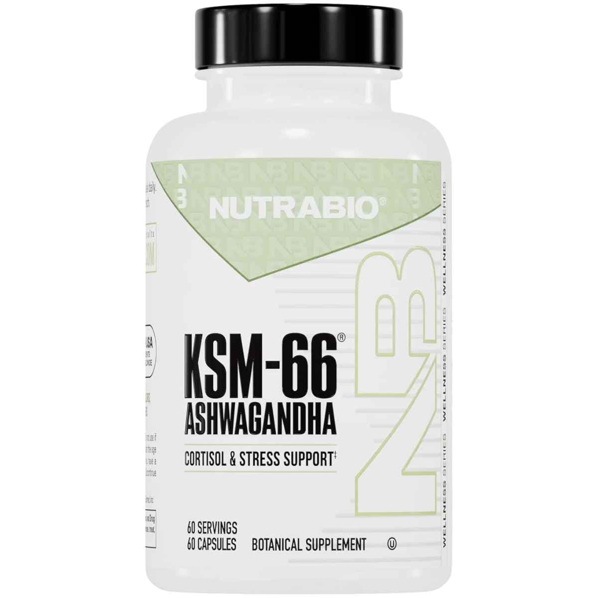 Frasco de suplemento NUTRABIO Ashwagandha KSM-66 60 cápsulas vegetales para el bienestar general