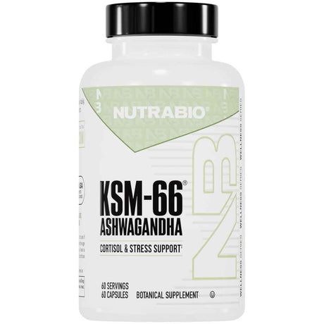 Frasco de suplemento NUTRABIO Ashwagandha KSM-66 60 cápsulas vegetales para el bienestar general