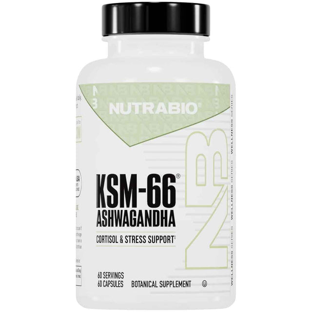 Frasco de suplemento NUTRABIO Ashwagandha KSM-66 60 cápsulas vegetales para el bienestar general