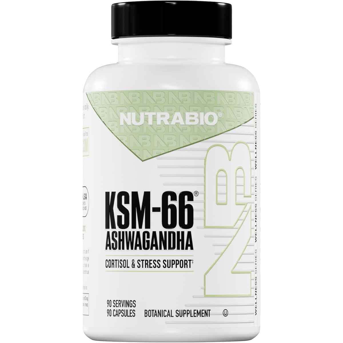 Frasco de suplemento NUTRABIO Ashwagandha KSM-66 90 cápsulas vegetales para el apoyo adaptógeno