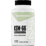 Frasco de suplemento NUTRABIO Ashwagandha KSM-66 90 cápsulas vegetales para el apoyo adaptógeno