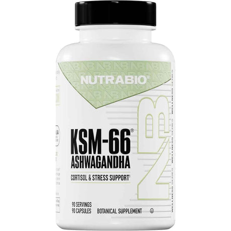 Frasco de suplemento NUTRABIO Ashwagandha KSM-66 90 cápsulas vegetales para el apoyo adaptógeno