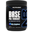 Frasco de suplemento NutraBio Base Pre-Workout sabor Frambuesa Azul 30 servicios