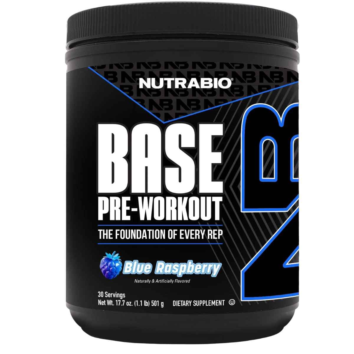 Frasco de suplemento NutraBio Base Pre-Workout sabor Frambuesa Azul 30 servicios