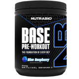 Frasco de suplemento NutraBio Base Pre-Workout sabor Frambuesa Azul 30 servicios