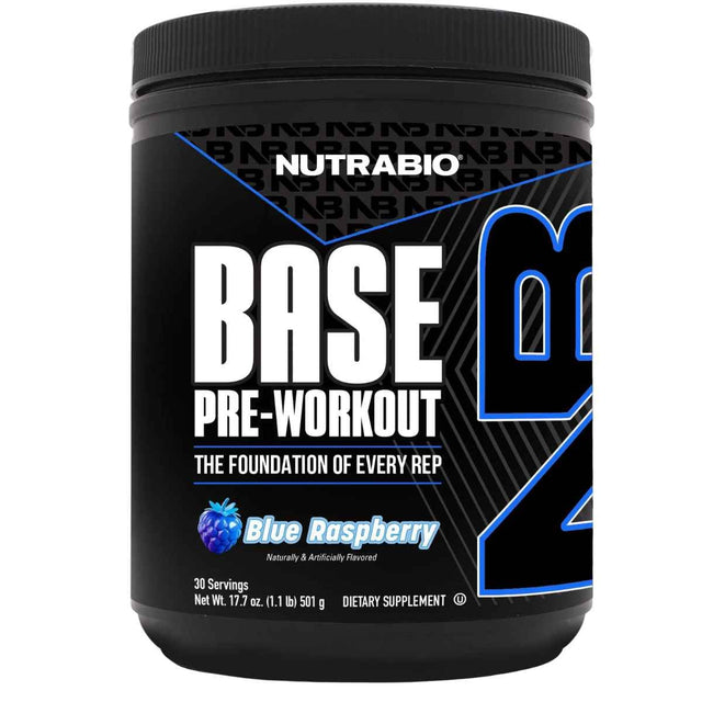 Frasco de suplemento NutraBio Base Pre-Workout sabor Frambuesa Azul 30 servicios