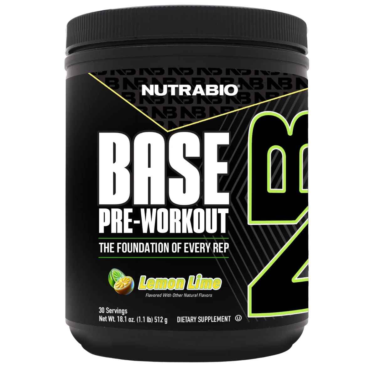 Frasco de suplemento NutraBio Base Pre-Workout sabor Limón-Lima 30 servicios