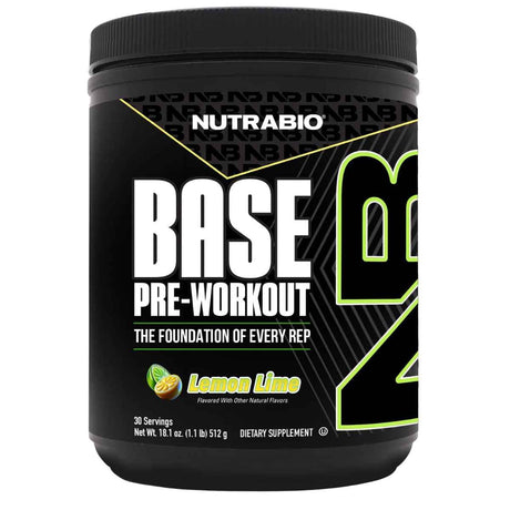 Frasco de suplemento NutraBio Base Pre-Workout sabor Limón-Lima 30 servicios