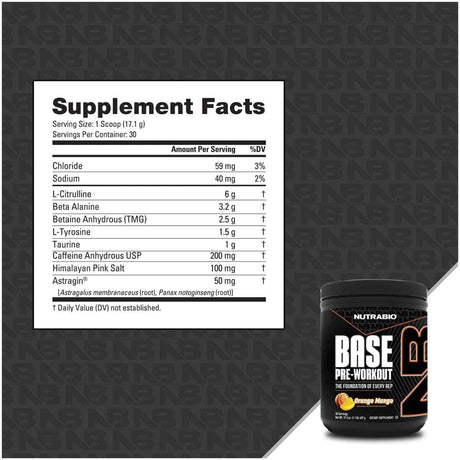 Tabla nutricional del suplemento NutraBio Base Pre-Workout sabor Naranja Mango 30 servicios