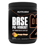 Frasco de suplemento NutraBio Base Pre-Workout sabor Naranja Mango 30 servicios