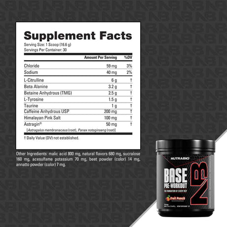 Tabla nutricional del suplemento NutraBio Base Pre-Workout sabor Ponche de Frutas 30 servicios