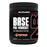 Frasco de suplemento NutraBio Base Pre-Workout sabor Ponche de Frutas 30 servicios