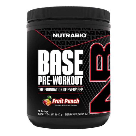 Frasco de suplemento NutraBio Base Pre-Workout sabor Ponche de Frutas 30 servicios