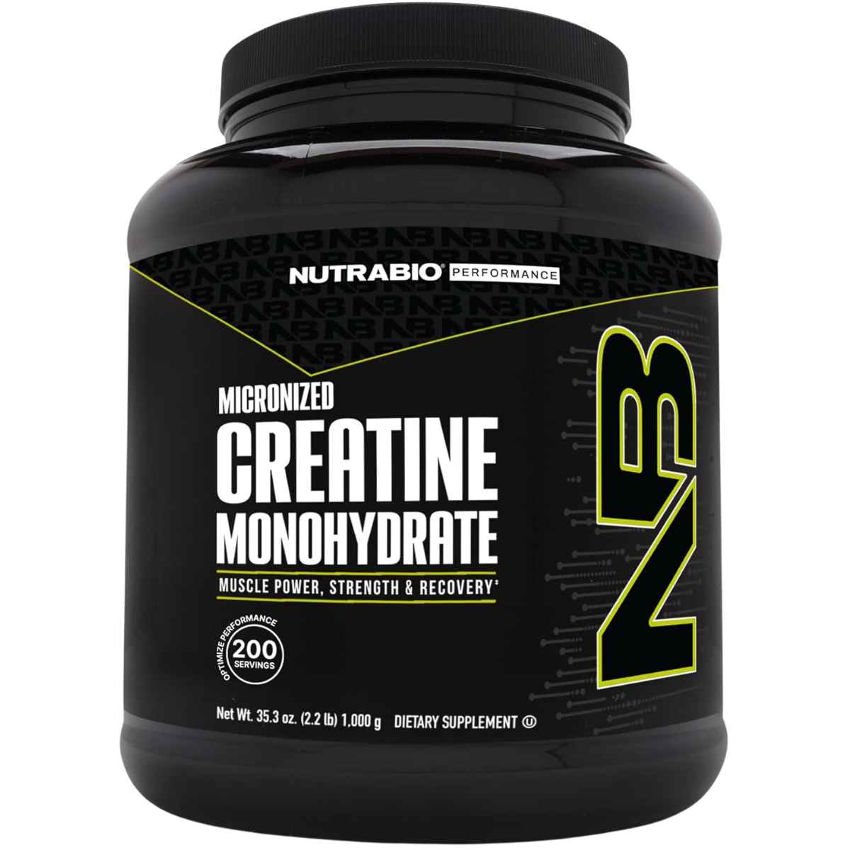 Envase frontal de NutraBio creatina monohidratada sin sabor, presentación de 1.000 g