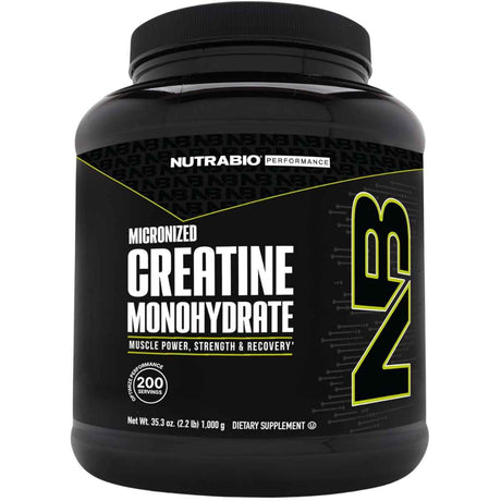 Envase frontal de NutraBio creatina monohidratada sin sabor, presentación de 1.000 g