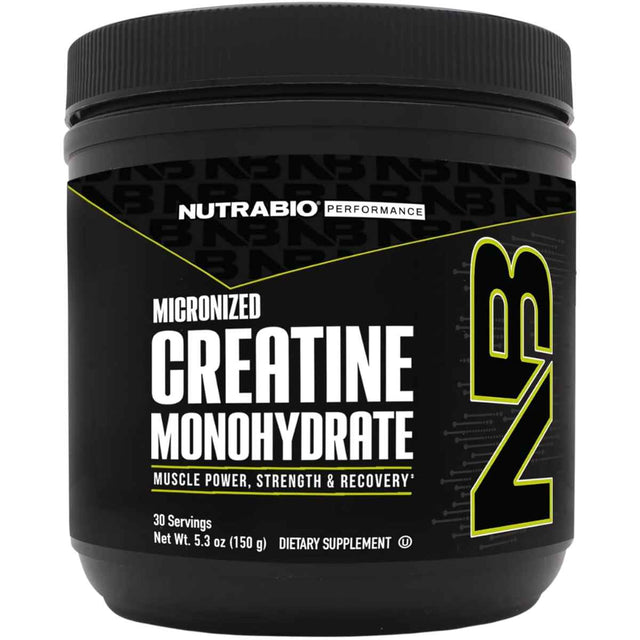 Envase frontal de NutraBio creatina monohidratada sin sabor, presentación de 150 g