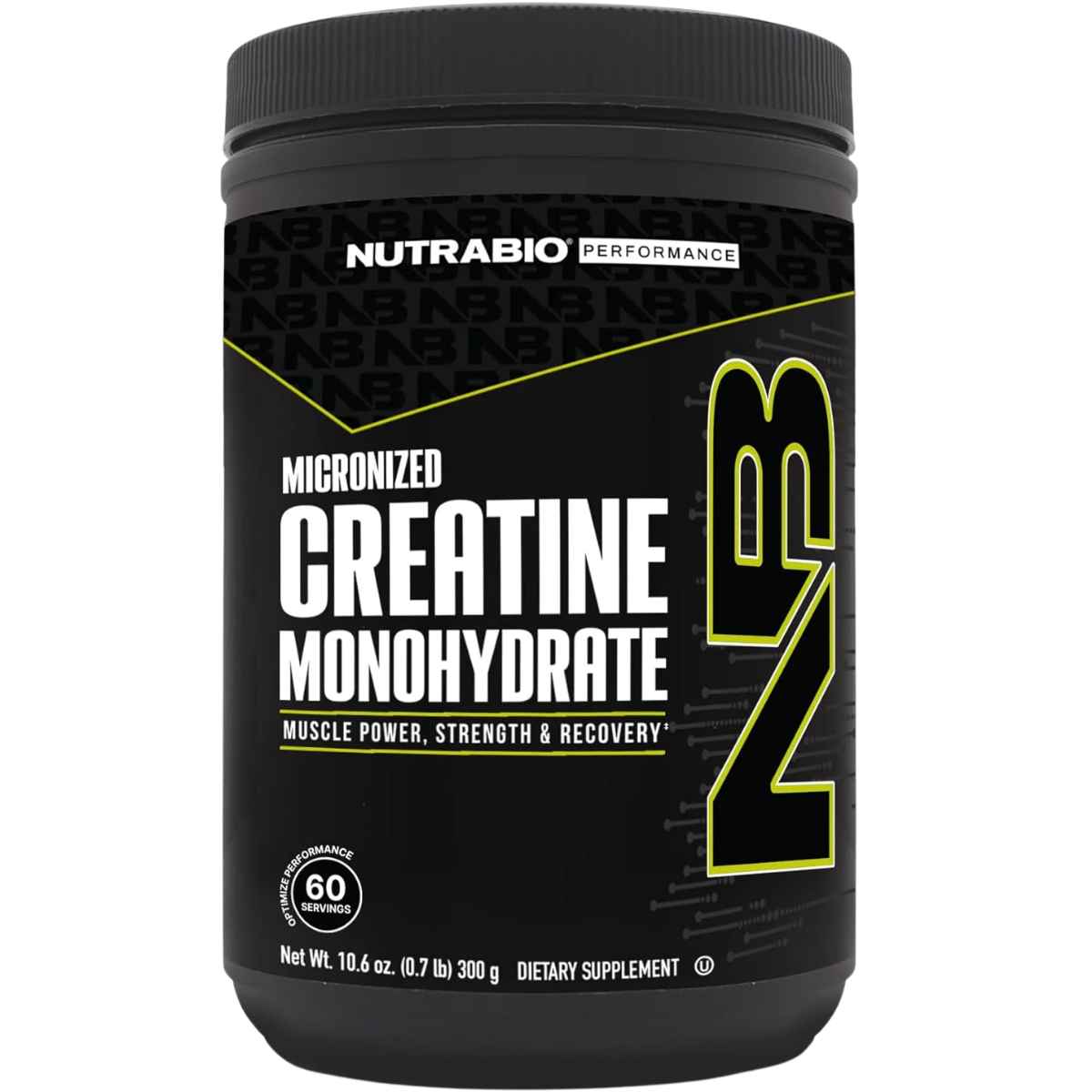 Envase frontal de NutraBio creatina monohidratada sin sabor, presentación de 300 g
