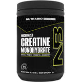 Envase frontal de NutraBio creatina monohidratada sin sabor, presentación de 300 g