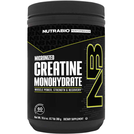 Envase frontal de NutraBio creatina monohidratada sin sabor, presentación de 300 g