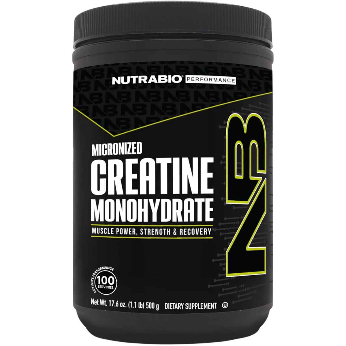 Envase frontal de NutraBio creatina monohidratada sin sabor, presentación de 500 g