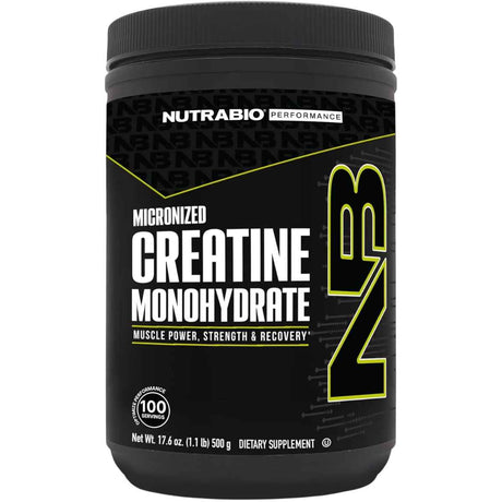 Envase frontal de NutraBio creatina monohidratada sin sabor, presentación de 500 g