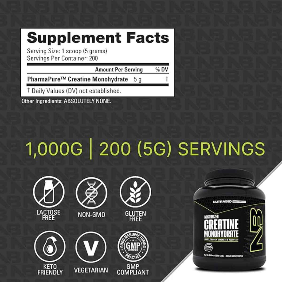 Información del suplemento de NutraBio creatina monohidratada de 1.000 g con 200 porciones